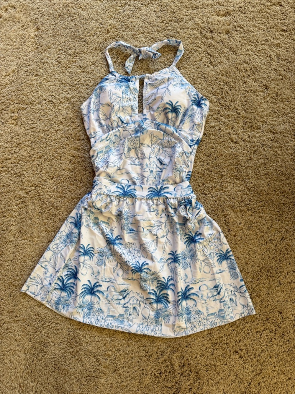 Blue & White Tropical Halter swim suit w/matching short skirt cover up